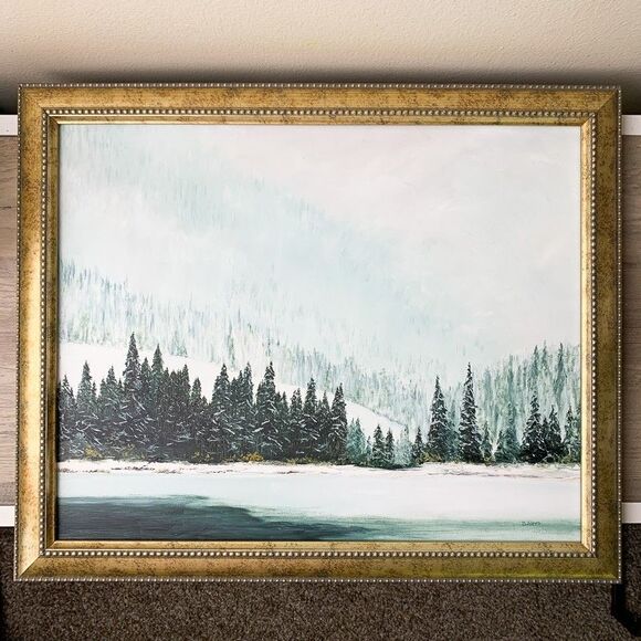 Framed Original Oil Painting Snow Lake Pines Winter Landscape Art 19x23" Signed - Picture 2 of 10